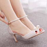 Poshoot White Pearl Sandals Women Open Toe High Heels Lady Luxury Wedding Shoes Banquet Dress