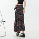 Poshoot Korean Fashion Floral Print Skirt Women 2024 Summer New Elegant Long Skirt Female A-Line Drap Beach Holdiay Faldas Mujer