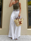 Poshoot Women High Waist Casual Wide Leg Long Palazzo Pants  Summer With Pockets Loose Female Simple White Trousers Bottoms