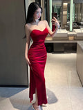 Poshoot 2023 Summer Women's Sexy Temperament ceremonial dress Wrapped Chest backless High Split Velvet Wrapped Hip Red Long Dress FQ4B