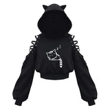 Poshoot Y2k Gothic Womens Hoodie Cat Ear Crop Top Hooded Sweatshirt Hollow Out Lace Up Long Sleeve Hodded Casual Pullover Autumn