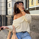 Poshoot One Shoulder Knitted Sweater Women's Sexy Slim Long Sleeve Solid Pullover Top Loose Casual Chic Autumn Street Sweater