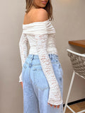 Poshoot Sheer Lace Mesh Long Sleeve T Shirt Sexy Off Shoulder Bodycon Women Streetwear Crop Tops 2024 Casual Backless T-shirts Clubwear