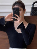 Poshoot Spring Korean Fashion Knitted Blouse Women Casual Long Sleeve Elegant Bodycon Sweater Outwear Office Lady Sweet Crop Tops