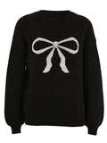 Poshoot Women Bow Sweater Long Sleeve Bow Front Knitted Ribbed Pullover Oversized Jumper Ribbed Loose Knitwear Autumn Y2k Clothings