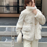 Poshoot Beige Horn Buttons Faux Fur Coat Women 2024 Winter Long Sleeve Lamb Wool Jacket Woman Korean Fashion Thicken Warm Outwear Female