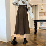 Poshoot Autumn Winter Woolen A Line Skirt Women Back Elastic High Waisted Pleated Skirts Woman Korean College Style Midi Skirt