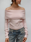 Poshoot Women Off The Shoulder Sweater Y2k Long Sleeve Boat Neck Knit Cropped Pullover Tops Fall Trendy Going Out Streetwear