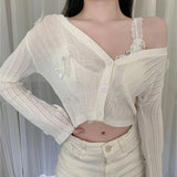 Poshoot 3D Butterfly Knitted Cardigan Women 2025 Summer Sexy Lace Long Sleeeve Crop Tops Woman Chic Short Thin Sunscreen Shirts Female