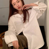 Poshoot Oversized Korean Whiet Shirts for Women 2025 Spring Turn Down Collar Blouse Woman Long Sleeve Casual Office Ladies Shirt