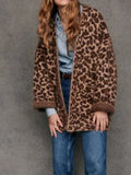 Poshoot Fashion Mohair Leopard Printed Warm Coat Women Chic V-neck Pocket Oversized Jacket 2024 Autumn New Lady Casual High Streetwear