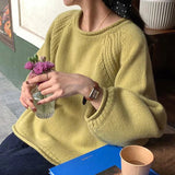 Poshoot Chic Round Neck Autumn Sweater Women Balloon Sleeve Knitted Jumpers Woman Solid Color Long Sleeve Korean Sweaters Ladies