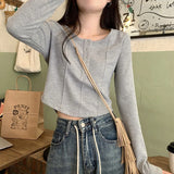 Poshoot Gray V Neck Knitted Women Sweater Autumn Winter Button O-Neck Pullovers Woman Basic Solid Color Slim Fit Crop Tops Female