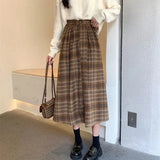 Poshoot Autumn Winter Woolen Plaid Skirt for Women 2024 Vintage High Waist Midi Skirts Woman A-Line Pleated Long Skirts Female