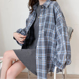 Poshoot 2023 Fashion Blue Oversize Plaid Shirt Women Spring Summer Long Sleeve Blouse Woman All Match Turn Down Collar Shirts Ins