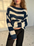 Poshoot Stripe Loose Lazy Knitting Sweater Female Versatile Long Sleeves Pullover Sweater Casual Womens Autumn Winter Outwear Top