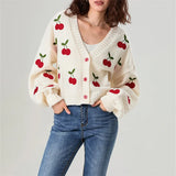 Poshoot Y2k Embroidery Cherry Cardigan Women 2024 Winter Fashion Patchwork Long Sleeve Short Cardigan Street Casual Knitwear Sweater