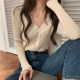 Poshoot Knitted V Neck Sweater Women 2024 Basic Single Breasted Slim Cardigan Woman Solid Color Long Sleeve Cardigan Coat Female