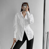 Poshoot 2024 Fashion White Slim Fit Shirt Women Turn Down Collar Elegant Long Sleeve Blouses Woman Pleated Button Up Shirts Top