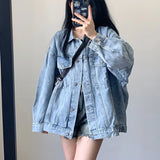 Poshoot Korean Style Denim Jacket Women 2024 Autumn New Long Sleeve Blue Coats Woman Retro Turn Down Collar Loose Jean Jacket Female