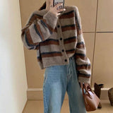 Poshoot Vintage Striped Cardigan Women Korean Style Round Neck Long Sleeve Sweaters Woman Button Up Short Knitting Cardigans