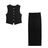 Talenza Women's Knitted Long Skirt Suit New Single Breasted Vest Top Slit High Waist Skirt Suit Sexy Street Female Outfits Suit