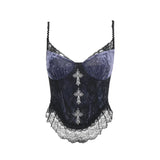 Purple Velvet Cross Pendant Lace Trim Camis Corset Crop Tops Y2K Sexy Sleeveless Backless Slim Camisole Summer Women Top