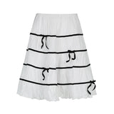 Poshoot-Sweet Bow Loose Stripe Stitching A-Line Midi Skirt