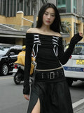 Poshoot-Lace Up Y2k Sexy Off Shoulder T-shirts Gothic Harajuku Long Sleeve Women Crop Tops Korean Fashion Streetwear T-shirt