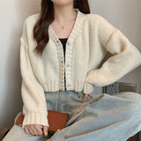 Poshoot Y2K Knitted Cropped Cardigan Sweater Women Korean Short Long Sleeve Crop Tops Woman Solid Color V Neck Cardigans Female