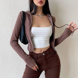 Poshoot Casual Solid Color Hooded Cardigan Women Long Sleeves Y2K Slim Fit Crop Tops Woman 2023 New Zipper Up Streetwear Tees Top