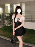 Poshoot Elegant 2 Piece Dress Set Women Casual White Kawaii Blouse Female High Waist Y2k Black Skirt Slim Lolita Clothing Summer