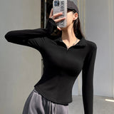 Poshoot Streetwear Women Long Sleeve T Shirt Early Autumn Solid Slim Fit Turtleneck Shirts Female Zipper Up Y2K Clothes Woman Crop Tops