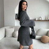 Poshoot Elegant Knitted Dress Women's New Solid Bottoming Sweater Dress O-neck Long Sleeve Slim Retro High Waist Dress Robe 2024