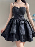 Poshoot Summer Black Gothic Lolita Short Party Suits Women Long Sleeve Coat + Pure Color Mini Dress Fashion High Waist Outfits Chic