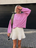 Poshoot Pink Round Neck Casual Women Sweater Autumn Long Sleeved Loose Fashion Pullover 2024 New Fashion Lady Commute High Street Jumper