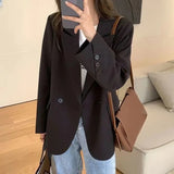 Poshoot Korean Fashion Black Blazer for Women Classic Turn Down Collar Loose Suit Jacket Female 2023 Long Sleeve Pockets Outerwear Woman