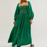 Poshoot Bohemian Floral Dress Women Square Neck Ruffle Swing A Line Maxi Dress Long Sleeve Beach Style Holiday Lady Club Party Dress