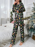 Poshoot Women Christmas Pajama Set 2 Pieces Snow/Tree Print Long Sleeve T-shirt with Elastic Waist Pants Outfits Sleepwear Loungewear