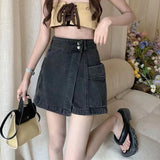 Poshoot Korean Style High Waist Skirt Shorts Women 2024 Summer Pockets Denim Shorts Woman Double Button A Line Skirt Pants Female