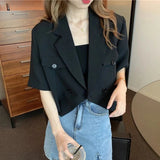 Poshoot White Short Sleeve Blazer Jacket Ladies 2024 Summer Thin Buttons Notched Collar Suit Coat Women Wild Cropped Outwear Tops Woman