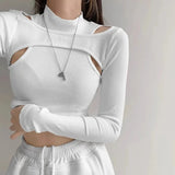 Poshoot Streetwear Fake Two-Piece Knitted Crop Tops Women Spring Summer Hollow Long Sleeve T-Shirt Woman Solid Slim Fit Cropped Shirt