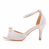 Poshoot White Pearl Sandals Women Open Toe High Heels Lady Luxury Wedding Shoes Banquet Dress