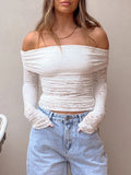 Poshoot Sheer Lace Mesh Long Sleeve T Shirt Sexy Off Shoulder Bodycon Women Streetwear Crop Tops 2024 Casual Backless T-shirts Clubwear