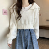 Poshoot Long Sleeve Cropped Sweater Women Autumn Winter Turn Down Collar Knitted Jumper Woman Korean Style Solid Color Jerseys