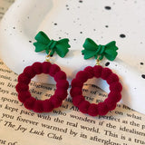 Poshoot Christmas Bowknot Flocking Wreath Earrings for Women Luxury Red Bow Snowflake Christmas Tree Drop Earring New Year Jewelry Gift