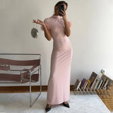 Poshoot Elegant High Neck Maxi Dress Women's High Waist Bodycon Patchwork Short Sleeve Dress Chic Ladies Evening Club Long Dress