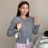 Poshoot Korean Fashion Gray Knitted Cardigan Women Chic Round Neck Cropped Cardigans Woman 2024 Elegant Single Breasted Sweater Coat