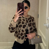 Poshoot Leopard Print Knitted Cardigan Women's O Neck Single Breasted Printed Sweater Warm Streetwear Office Lady Knitted Jacket