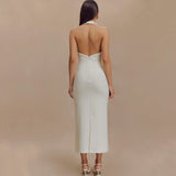 Poshoot Elegant Halter Neck Backless Long Dress Women's Sexy Sleeveless Slim Lapel Long Dress V-neck Slit Solid Evening Dress